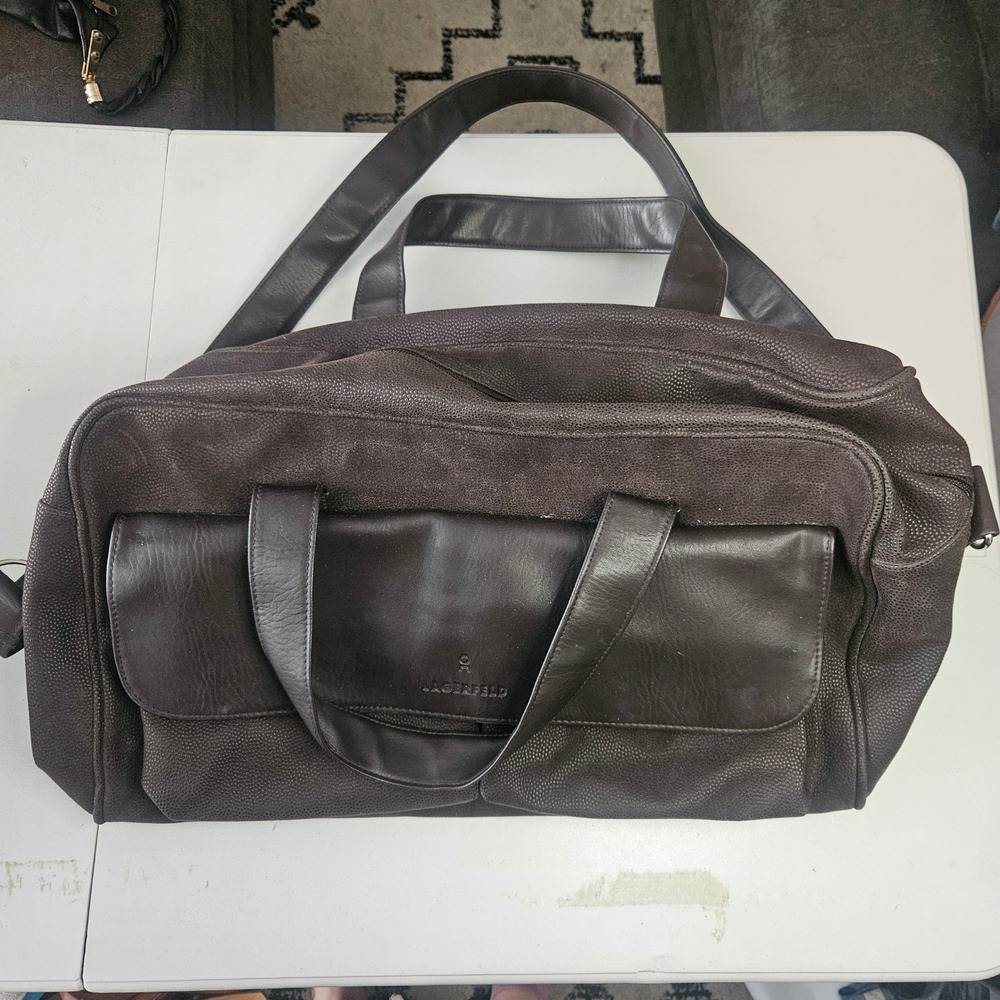 Vtg Lagerfeld Brown Pebble Faux Leather Weekender Duffel Bag Travel Gym Carry On